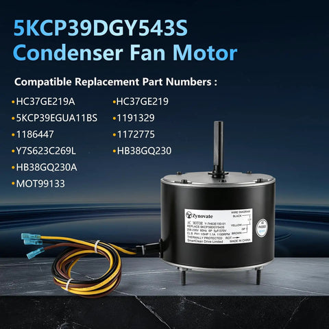 Top Notch Replacement Condenser Fan Motor 1/5 HP 1100 RPM 208-230V copper core motor view with wiring for AC and heat pumps.