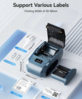 Image of 2 Inch Thermal Transfer Bluetooth Label Maker With Color Ribbon Printing For Waterproof Scratch Resistant Labels in blue, open lid, showing label details.