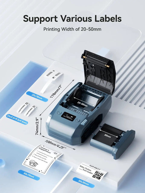 Image of 2 Inch Thermal Transfer Bluetooth Label Maker With Color Ribbon Printing For Waterproof Scratch Resistant Labels in blue, open lid, showing label details.