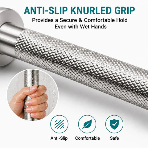 Close-up of anti-slip knurled grip on stainless steel grab bar, providing secure hold for 3 Pack Wall Mounted Grab Bars for Shower and Bath.