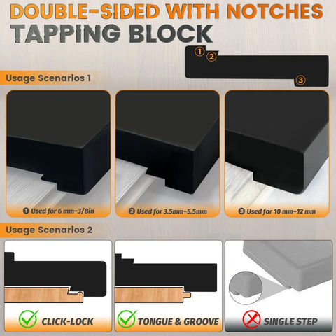NAACOO tapping block for vinyl plank flooring; black, double-sided with notches for tongue-and-groove or click-lock installs