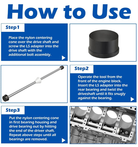 Cam bearing installation tool kit for LS engines with storage box; shows black adapter, long silver rod, and block.