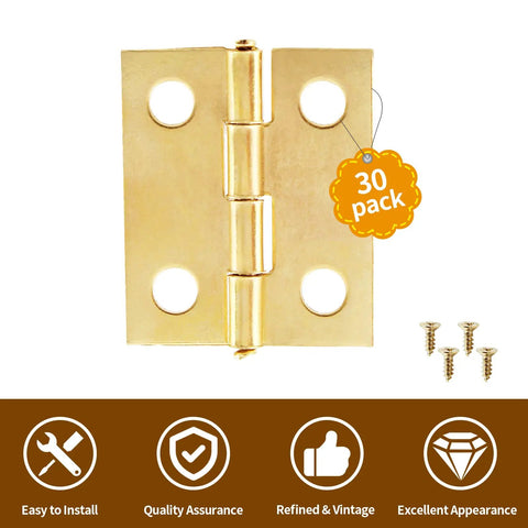 Nifty Mini Brass Hinges 18 X 15 Mm Bulk Pack Of 30 Rock Solid Vintage Hardware image with gold finish and screws.