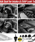Slick 12-In-1 Smoke Machine Accessory Kit For Automotive Evap And Vacuum Leak Detection displayed with quick seal tools and adapters.