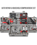 Three Eighths Inch Drive Socket Ratchet Set, 32 Piece Auto Tools Kit in Portable Case for Easy Car Repair, Organized Quick Access Hand Tools for DIY Mechanics with pliers, wrench, and hammer in open case