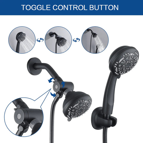 Matte Black High Pressure Shower System With Six Setting Rain Shower Head And Handheld Combo detail showing toggle control button