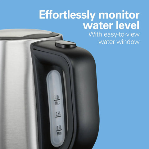 Close-up of Electric Tea Kettle Cordless 1 L Water Boiler And Heater With Auto Shutoff And Boil Dry Protection Stainless Steel Fast Boil For Dorms Offices Home Kitchen Safe Easy Pouring, showing water level window.