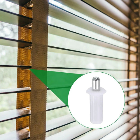 Rock Solid Spring Loaded Shutter Repair Pins 80 Piece White Set Quick Fix Hardware For Window Blinds Cabinet Doors showing a white repair pin aligned in wooden blinds.