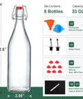 Eight Pack Of 33 Oz Swing Top Glass Bottles With Secure Caps And Lead Free Design Top For Brewing Kombucha And Syrups Includes Funnels Pourers Spare Rings And Waterproof Stickers image showing a single bottle with funnel and pourers.