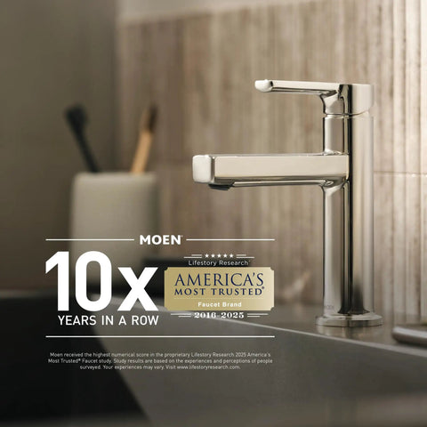 Modern chrome kitchen faucet with award label for America's Most Trusted Faucet Brand, silver finish reflecting light.