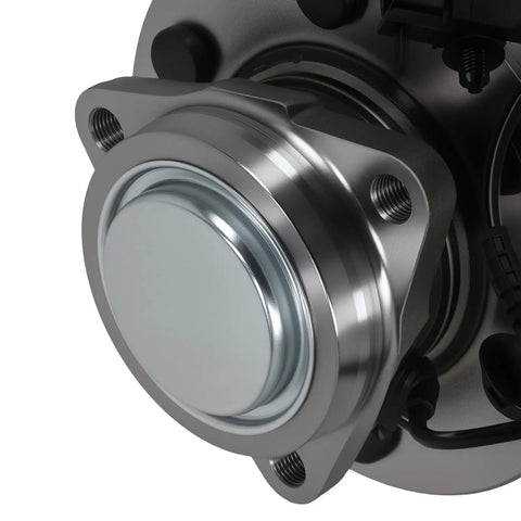 Tough As Nails Front Wheel Hub Bearing Assembly With Integrated ABS Sensor System Crafted For 2007 To 2014 Caddy Chevy And GMC 2WD Rides close-up view of metal assembly with sensor.