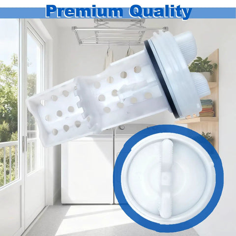 Washer Drain Pump Filter WH11X34741 Direct Replacement displayed in laundry room background