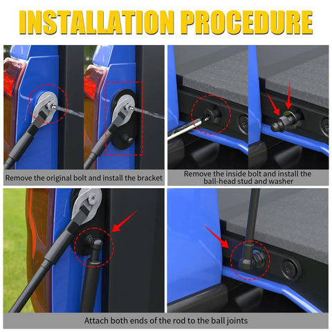 Installation process for Heavy Duty Tailgate Lift Assist For 2007 To 2021 Toyota Tundra Trucks showing bracket adjustment steps.