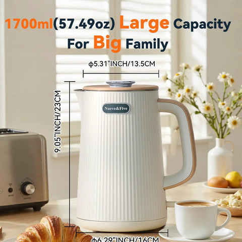 Big 1.7L Electric Kettle For Tea And Coffee Lovers, 1200W Fast Boil With Auto Shut Off, Double Wall Insulation, Cream White Finish