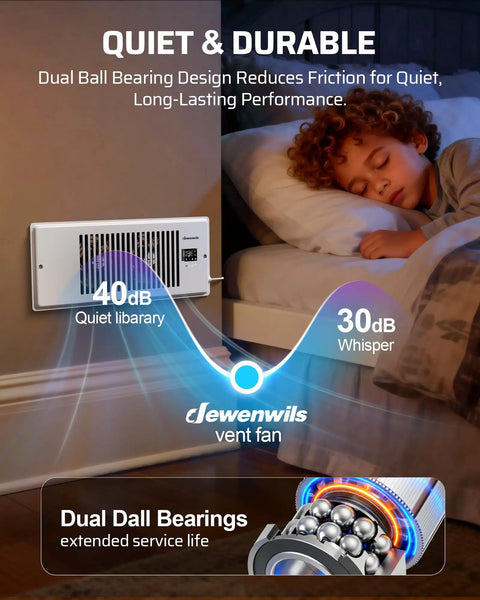 Quiet 4x12 Inch Register Booster Fan With Remote Control And Smart Thermostat installed in wall near sleeping child