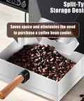 Compact Electric Coffee Bean Roaster With Two Hundred Gram Capacity And Rapid Chill Cooling For Home Baristas Chasing Drop Dead Fresh Beans With Smooth Even Roasting Across Three Smart Settings features split-type storage design with roasted coffee beans.