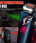 Collage of 2 Pack Rechargeable Cap Lights with Clip On Hat Mounts showcasing multifunctional use in hunting, hiking, and camping.