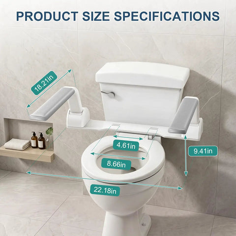 Adjustable Toilet Safety Rail With Rock Solid No Slip Handles Hassle Free Bathroom Assist Bar For Elderly dimensions showing wide arm design.