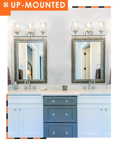 Three Light Vanity Light Fixture Over Mirror in Brushed Nickel With Clear Glass Wine Glass Shades, Modern Farmhouse Bathroom Lighting