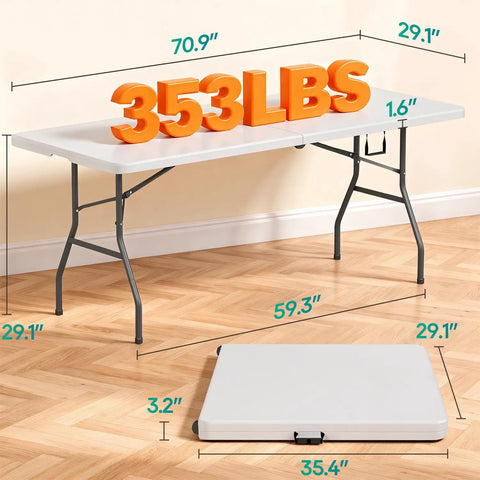 Six Foot Folding Table For Indoor And Outdoor Use Portable Picnic Party Table With Carrying Handle Fold In Half Design Lightweight White Plastic Perfect For Parties BBQs Weddings Camping And More with 353 lbs weight capacity shown open and folded