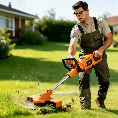 Man using Anti Fog Scratch Resistant Safety Goggles With UV400 Lens Coating And HD Optics while trimming grass in yard.