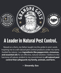 Grandpa Gus's natural pest control brand message emphasizing peppermint and cinnamon in rodent deterrents.