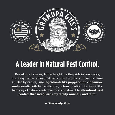 Grandpa Gus's natural pest control brand message emphasizing peppermint and cinnamon in rodent deterrents.