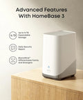 White rectangular HomeBase 3 on wooden table with features including up to 16TB expandable storage and BionicMind security.