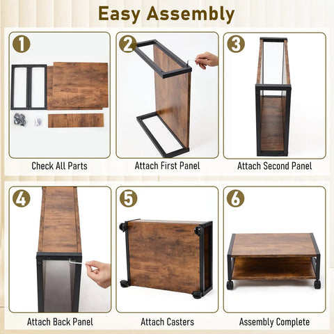 Easy assembly steps for Straight Up Slick 2 Tier Printer Stand Under Desk With Easy Glide Wheels And Open Lower Shelf For A4 Paper Storage Brown Desktop Organizer.
