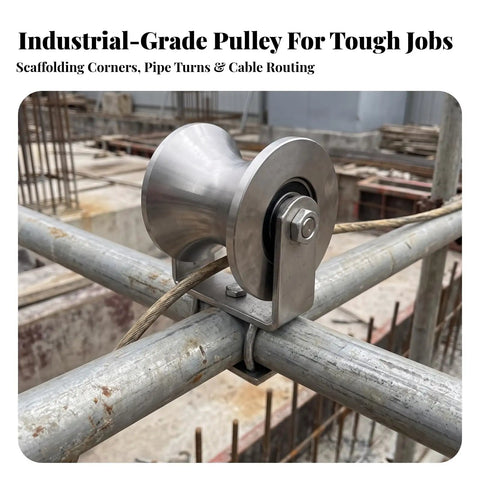 Premium Heavy Duty Smooth Grooved Pulley Wheel For Scaffold Tube Nylon Rigging Gear With Center Bearing For Butter Smooth Operation And Serious Worksite Durability on scaffolding with steel wire.