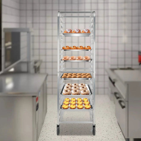 Heavy Duty 20 Tier Bakery Rack Straight Up Solid Aluminum Cooling Cart For Full And Half Sheet Pans with donuts and pastries.