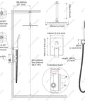 High Quality Ceiling Mount Rain Shower System In Brushed Nickel featuring pressure balance valve dimensions and installation details.