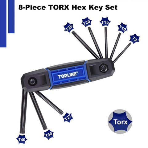 Three Pack Folding Allen Wrench Set Includes SAE Metric And Torx Keys, 8-Piece Torx key set with visible size markings