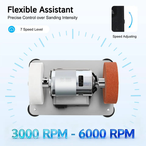 Rugged Small Bench Grinder With A Badass 96W All Copper Motor For Quick Sharpening And Metal Polishing 6000 RPM High Velocity Benchtop Sander showing adjustable speed control and motor.