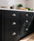 Top Shelf Brushed Nickel Cup Pulls 3 Inch Center To Center For Kitchen Cabinets And Bathroom Vanities Three Pack on black cabinets.