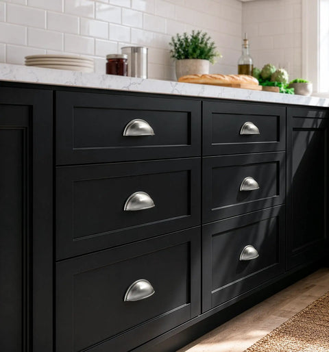 Top Shelf Brushed Nickel Cup Pulls 3 Inch Center To Center For Kitchen Cabinets And Bathroom Vanities Three Pack on black cabinets.