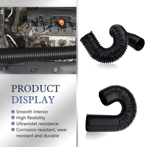 Universal 2.4 Inch Flexible Black Air Intake Hose Expands To 39 Inches with smooth interior, showing stretchable design.