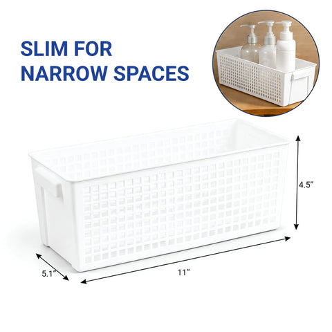Top Shelf White Plastic Storage Baskets Real Deal Solution For Counters And Under Cabinet Organization With Ventilated Side Walls Comfortable Grip Handles And Effortless Nesting Layout. Slim white basket measuring 11 L × 5.1 W × 4.5 H.