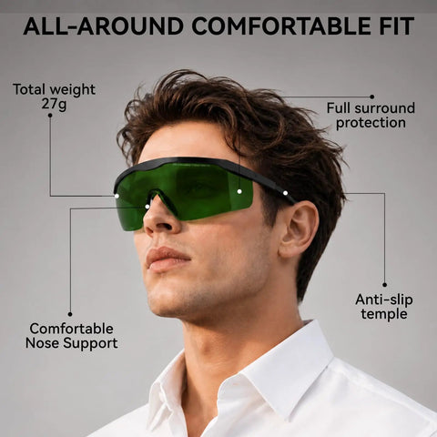 Heavy Duty Blue Laser Safety Glasses With OD4 Plus Lens Block 400nm To 500nm Wavelengths For Engraving Workbenches And DIY Crews In Matte Black Frames shown with features and fit details.