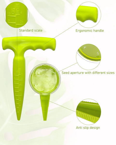 Light green Go-To Handheld Seed Spreader And Planter Tool With Dibber for small seeds showing ergonomic handle and seed aperture.