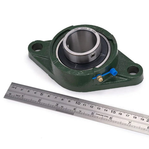 Rock Solid 2 Pack UCFL208 Pillow Block Flange Mounted Ball Bearings With 40 Millimeter Bore green bearing unit with ruler for size reference.