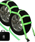 Tow Dolly Basket Harness 2 Pack, Heavy Duty Tire Net Cover Fits 14 To 19 Inch Rims, 10000 Lbs Breaking Force Flat Hook Towing Securing System, Waterproof Industrial Grade Polyester Webbing, Rock Solid Securement For Your Ride, Green Finish.