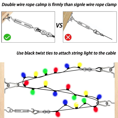 Diagram showing double wire rope clamp, turnbuckles, and black ties attaching string lights to cable from 164ft Outdoor String Light Hanging Kit