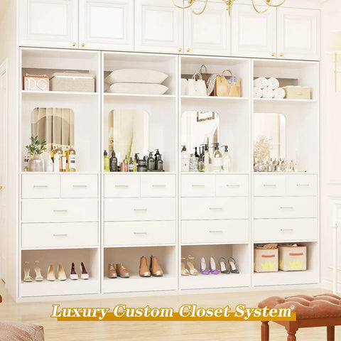 Totally Versatile White Modular Closet System With Drawers, Heavy Duty Wardrobe Organizer With Full Length Mirror, organized drawers and shelves with shoes and beauty products.