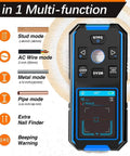 Stud Finder Wall Scanner4 in1Wall Stud Detector of AC Wire Wood Metal Studs showcasing device and modes for locating materials.