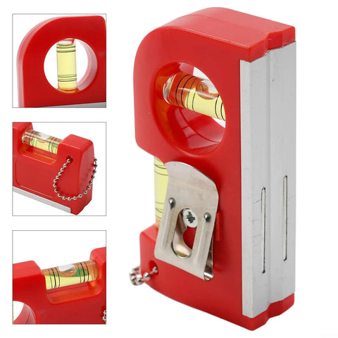 2-in-1 Pocket Level with Metal Chain for Construction and DIY Projects, red portable level with two vials and chain.