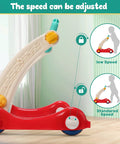 Level Up Your Nursery Setup With This Solid Baby Activity Gym And Learning Walker Featuring A Thick Cushioned Play Mat For Tummy Time And Built In Rolling Wheels That Make Easy Peasy Transport While Growing Alongside Your Kiddo showing adjustable speed settings on a red and cream baby walker.