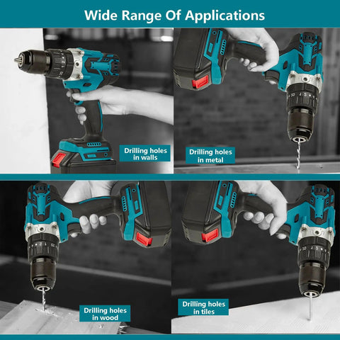 Badass Brushless Cordless Drill And Heavy Duty Screwdriver Kit With Bright Led Work Lamp demonstrating drilling in various materials.