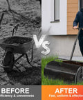 Comparison of a wheelbarrow and 24 Inch Compost And Peat Moss Spreader For Lawns And Gardens with a person using the spreader on grass.