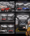 Various creative garage installations using Hexagon LED Lights Power Cable With Switch Exclusively Compatible With Hexagon LED Panels.